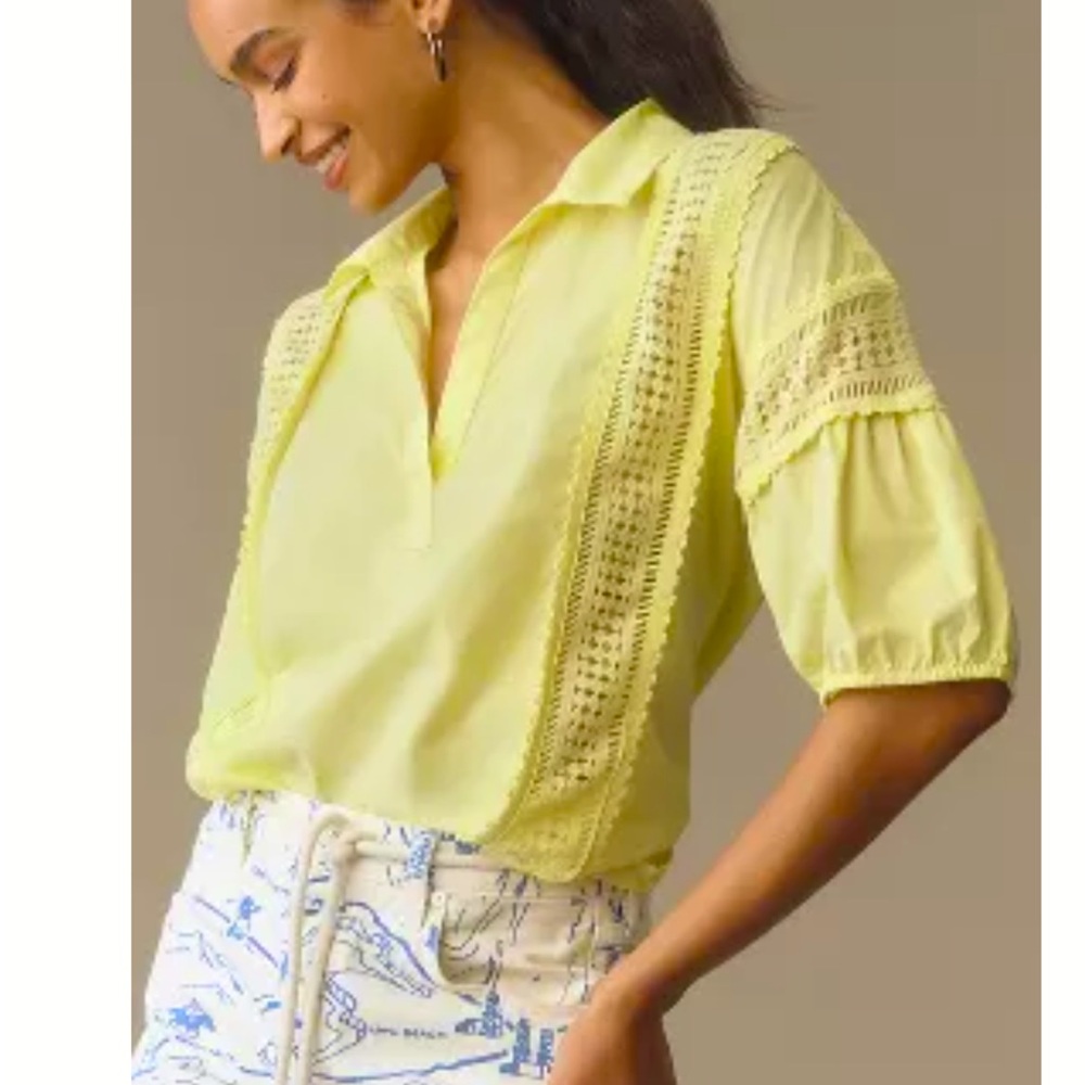 BY ANTHROPOLOGIE PUFF-SLEEVE LACE BLOUSE